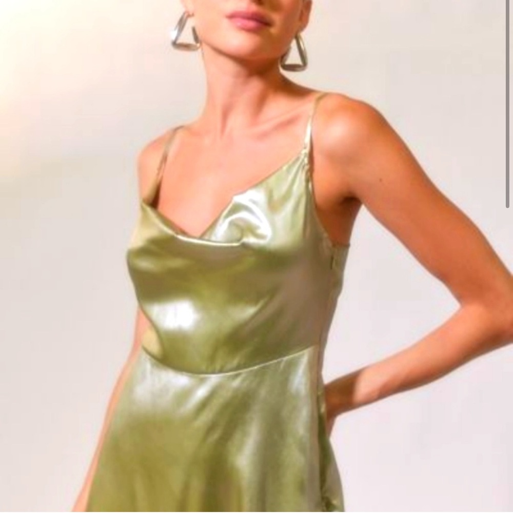 Urban Outfitters Mallory Metallic Green Asymmetrical Mini Slip Dress / XS / NWOT